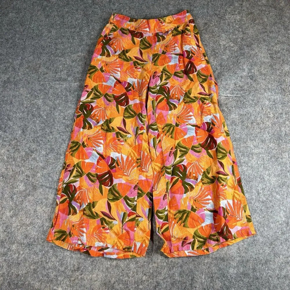 C&C California Pants Women's Small Linen Wide Leg Orange Tropical Resort - Picture 1 of 9